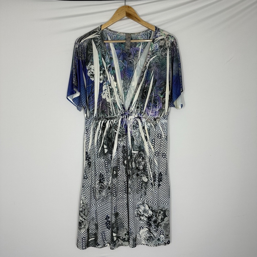 S-12 Plus boho abstract print rhinestones v neck short dress beach tunic 2XL